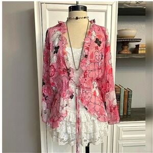 Vintage Pink Floral Chiffon Blouse Size 1X Cottagecore Romantic